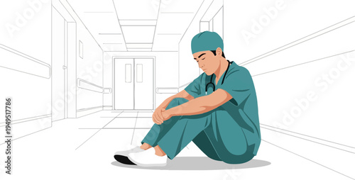 Tired male doctor in scrubs sitting on floor.