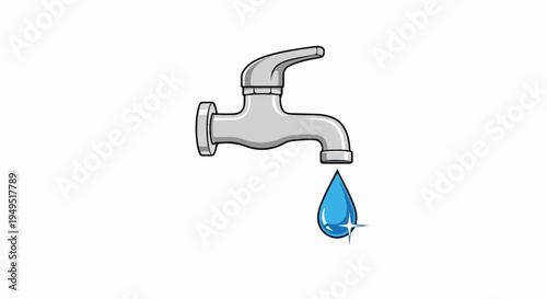 Water Conservation Faucet Dripping Single Blue Drop Illustration.