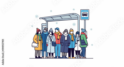 Diverse group of people waiting at a bus stop during winter.