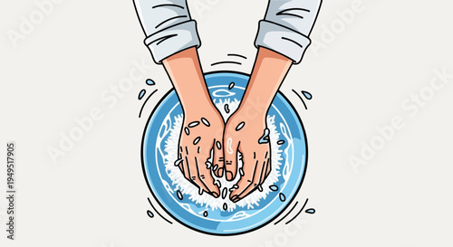 Hands washing in a blue bowl with water and soap suds.
