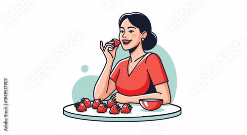 Woman enjoying fresh strawberries healthy eating and lifestyle.