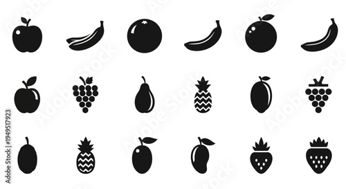 Assorted Fruit Icons: Apple, Banana, Orange, Grapes, Pear, Pineapple, Mango, Strawberry