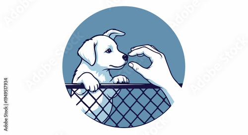 Puppy receiving a treat from a human hand through a fence.