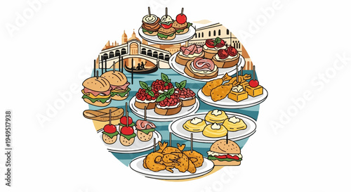 Assortment of delicious appetizers and desserts on tiered stands.