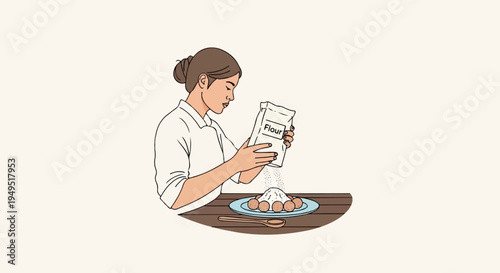 Woman reading a recipe while preparing food at a table.
