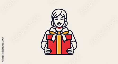 Woman joyfully presenting a beautifully wrapped red gift box with a golden ribbon.