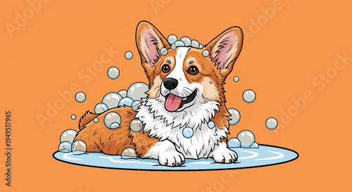 Happy Corgi Dog Enjoying a Relaxing Bubble Bath.