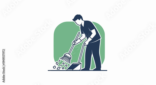 Man diligently sweeping with broom and dustpan cleaning up debris.