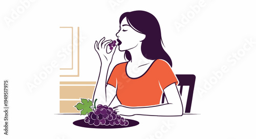 Woman enjoying fresh grapes at home.