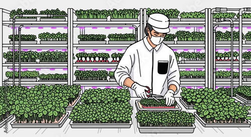 Man harvesting microgreens in a controlled indoor farm environment.