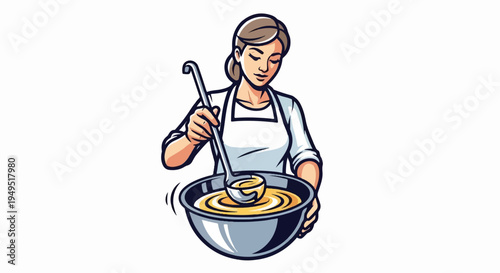 Woman in apron stirring a large bowl with a ladle preparing food.