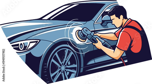 Professional car detailing service with a man polishing a vehicle.