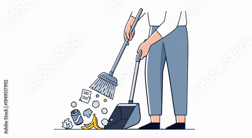 Person sweeping floor with broom and dustpan cleaning up trash.