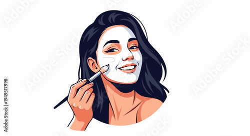 Smiling woman applying a facial mask with a brush.