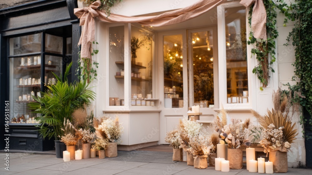 Fototapeta premium Charming Handmade Candle Shop Entrance with White Decor and Floral Display