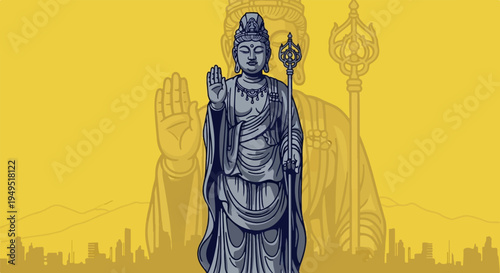 Ancient Buddhist deity statue in traditional attire.