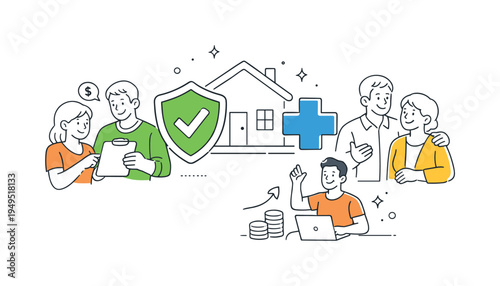 A modern personal finance concept where people learn about risk management and policy coverage designed to protect property, health, and future financial stability, visual metaphor
