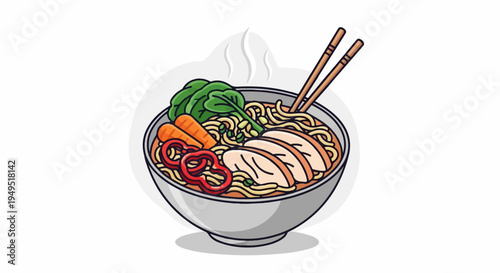 Delicious Steaming Ramen Bowl with Chicken and Vegetables.
