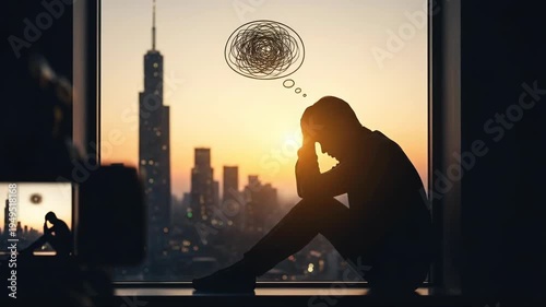 Depression, an anxious man experiencing severe mental distress, overwhelmed by tangled thoughts, sitting alone, watching the vibrant urban city skyline at sunset from a window