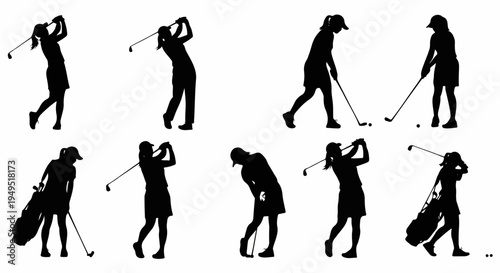 Silhouettes of female golfers in various poses on a white background.