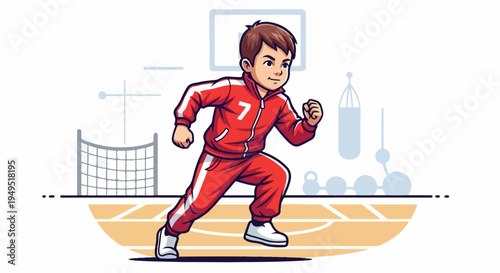 Young boy in red tracksuit running with determination.
