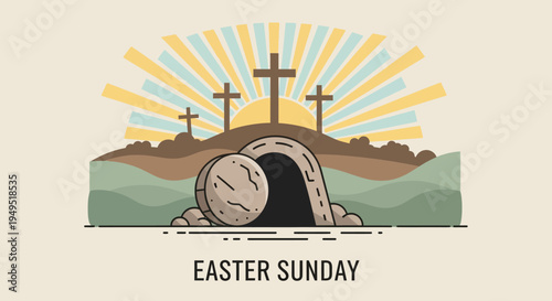 Easter Sunday Resurrection Scene: Empty Tomb, Three Crosses, Sunrise