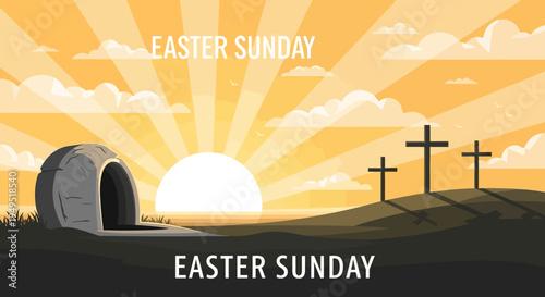 Easter Sunday Resurrection Sunrise, Empty Tomb and Three Crosses
