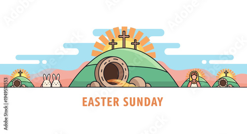 Easter Sunday Resurrection Tomb Empty Crosses Sun Bunny Rabbits Religious Holiday