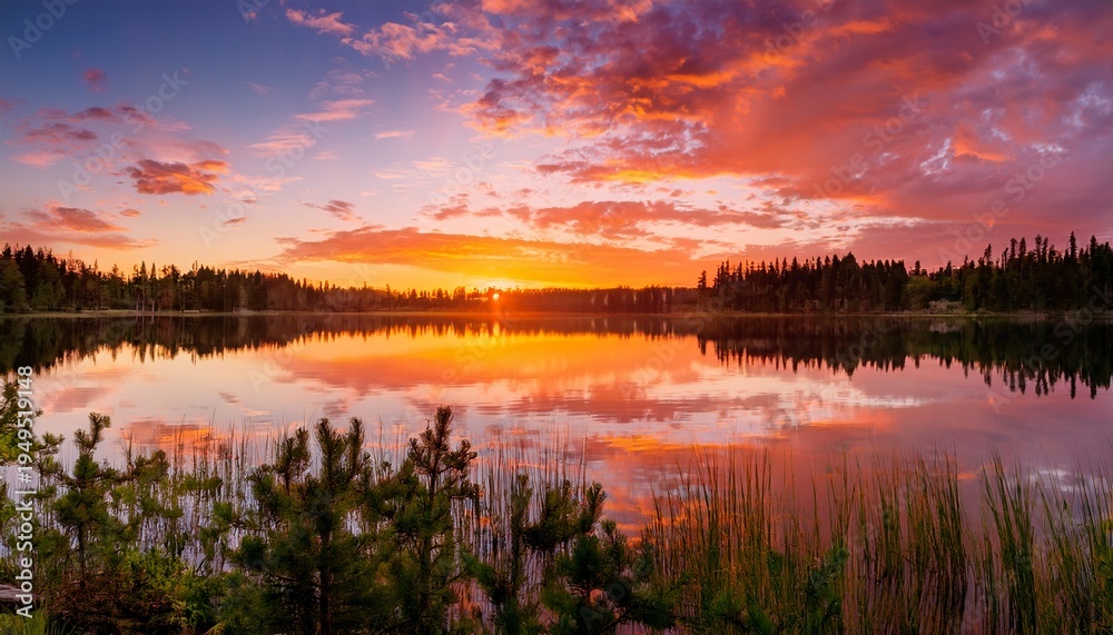 Fototapeta premium Serene Sunrise Over Tranquil Lake Vibrant Orange And Pink Hues Paint The Sky Reflecting Beautifully On Calm Water Perfect For Travel And Nature Themes