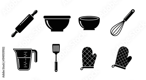 Baking Utensils Set: Rolling Pin, Whisk, Bowls, Spatula, Measuring Cup, Oven Mitts - Black Icons