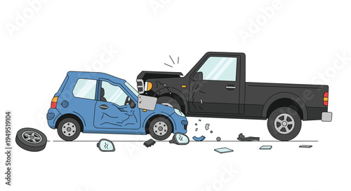 A blue compact car and a black pickup truck are involved in a head-on collision with scattered debris on a white background.
