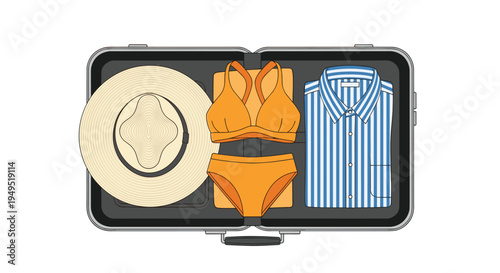 An open black suitcase, viewed from above, reveals neatly packed summer essentials against a white background.