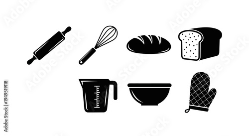 Baking Icons: Rolling Pin, Whisk, Bread, Measuring Cup, Bowl, Oven Mitt