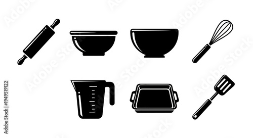 Baking Utensils Silhouette Collection: Rolling Pin, Whisk, Bowls, Measuring Cup, Pan, Spatula