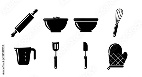Baking Utensils Silhouette Set: Rolling Pin, Bowls, Whisk, Spatula, Oven Mitt