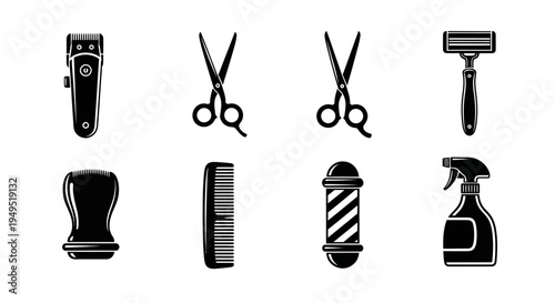 Barber Shop Tools Icons Set: Clippers, Scissors, Razor, Brush, Comb, Pole, Sprayer