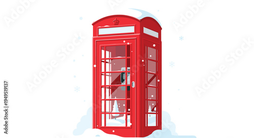 A classic red British telephone booth stands amidst a gentle snowfall, partially covered in snow on a white background.