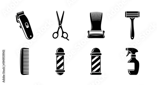 Barber Shop Tools Icons: Clipper, Scissors, Brush, Razor, Comb, Pole, Sprayer