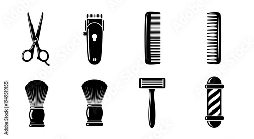 Barber Shop Tools Icons Set: Scissors, Clipper, Combs, Brush, Razor, Barber Pole