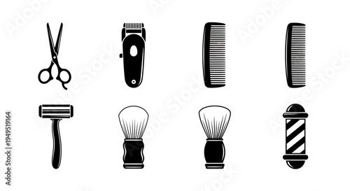 Barber Shop Tools Set: Scissors, Clipper, Combs, Razor, Brushes, Barber Pole Icons