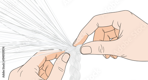 Two light-skinned hands are meticulously braiding a thick bundle of fine, white, hair-like fibers against a stark white background.