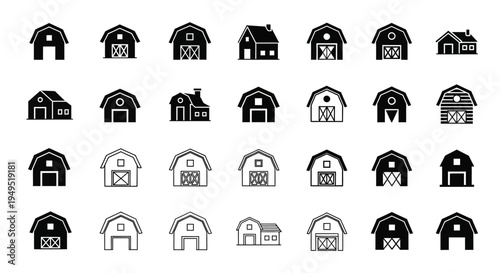 Barn Icons Set: Various Farm Buildings, Agricultural Structures, and Rural Architecture Collection