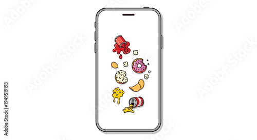A sleek smartphone displays various falling junk food items, including a donut, popcorn, chips, and spilled soda, on its white screen.