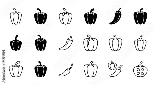 Bell Pepper and Chili Pepper Icons: Outline and Solid Fill Variations
