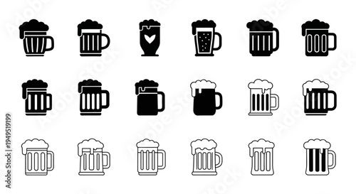 Beer Mug Icons Set: Collection of Black and White Vector Illustrations of Beer Glasses with Foam