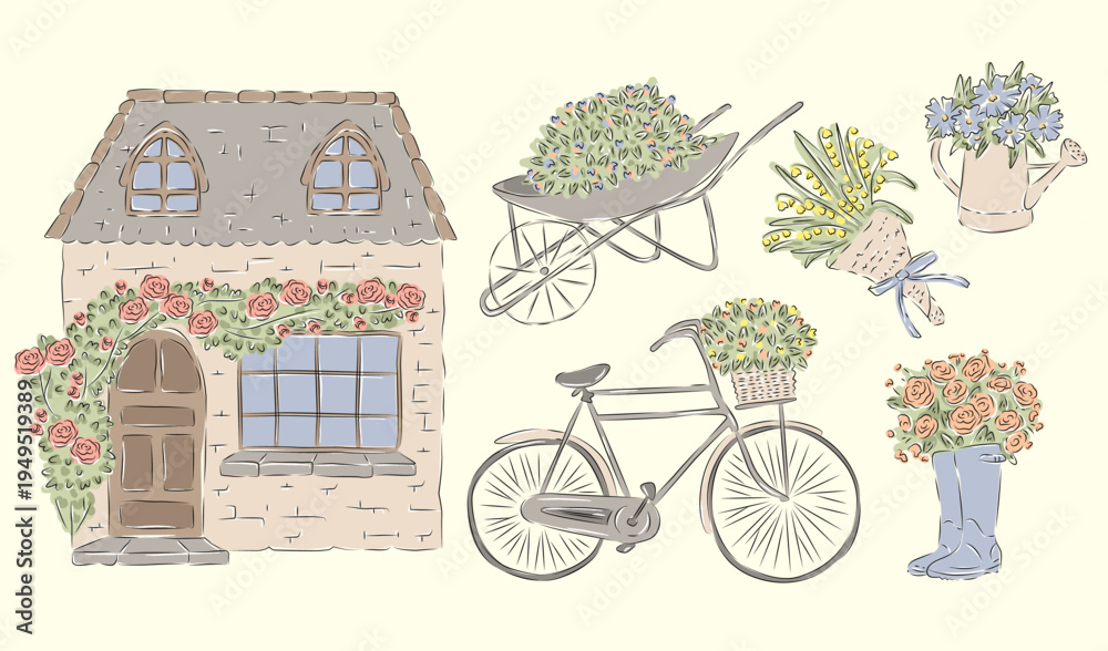 Naklejka premium Cottage Garden Elements Hand Drawn