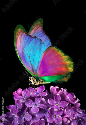 Brightly colored morpho butterfly on purple lilac flowers in water drops.