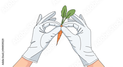 A pair of gloved hands gently holds a fresh orange carrot with green leaves against a plain white background.
