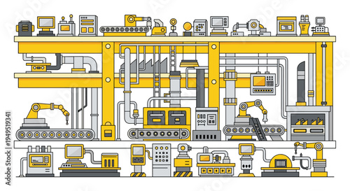 An intricate, multi-level factory production line with various industrial machines and robotic arms is depicted in a clean line art illustration.
