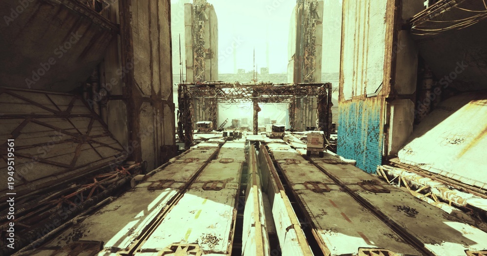 Obraz premium waterfront industrial approach toward distant skyline low sun, dockside platforms, scattered crates, heavy beams, shimmering water, gritty waterfront mood